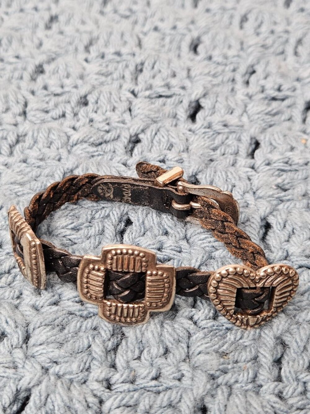 Vintage 1994 Brighton Bandit Bracelet Black Braided Leather Silvertone 7.5 inche
